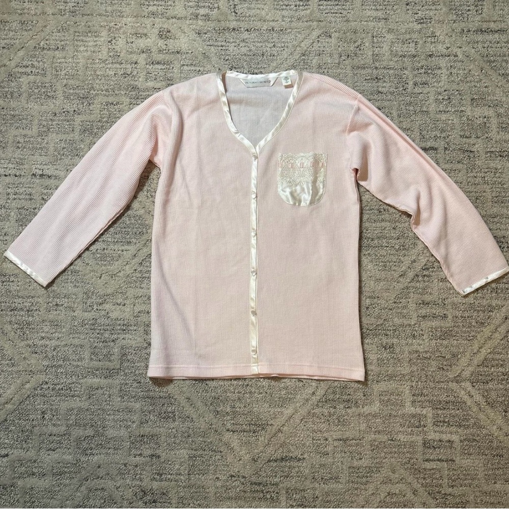 Victoria's Secret 90’s Pale Pink Satin-Trim Thermal Pajama Set XS